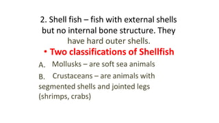 2. Shell fish – fish with external shells
but no internal bone structure. They
have hard outer shells.
• Two classifications of Shellfish
A.
B.
Mollusks – are soft sea animals
Crustaceans – are animals with
segmented shells and jointed legs
(shrimps, crabs)
 