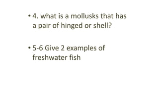 • 4. what is a mollusks that has
a pair of hinged or shell?
• 5-6 Give 2 examples of
freshwater fish
 