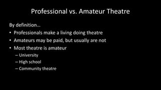 Professional vs. Amateur Theatre
By definition…
• Professionals make a living doing theatre
• Amateurs may be paid, but usually are not
• Most theatre is amateur
– University
– High school
– Community theatre
 