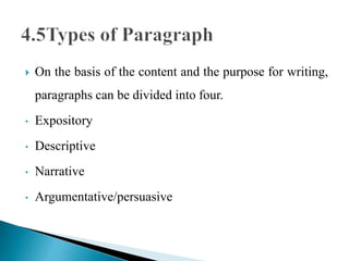  On the basis of the content and the purpose for writing,
paragraphs can be divided into four.
• Expository
• Descriptive
• Narrative
• Argumentative/persuasive
 