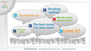 Shocking
ending!
Two thumbs up!

That was
joke!

The best movie
I’ve ever seen!

Worst action
movie ever!

Love it!

Tony Edwards - tony@mutualmind.com - @giddyuptony

 