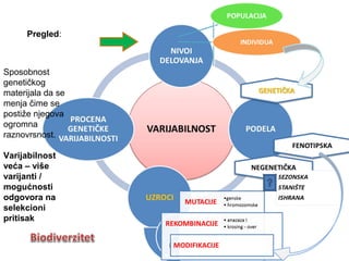Pregled:

Sposobnost
genetičkog
materijala da se
menja čime se
postiže njegova
ogromna
raznovrsnost.
Varijabilnost
veća – više
varijanti /
mogućnosti
odgovora na
selekcioni
pritisak

 