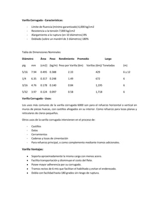 Varilla Corrugada - Características:
-

Límite de fluencia (mínimo garantizado) 6,000 kg/cm2
Resistencia a la tensión 7,000 kg/cm2
Alargamiento a la ruptura (en 10 diámetros) 8%
Doblado (sobre un mandril de 3 diámetros) 180%

Tabla de Dimensiones Nominales
Diámetro

Área

Peso

Rendimiento

Promedio

Largo

plg

mm

(cm2) (kg/m) Peso por Varilla (6m)

5/16

7.94

0.495 0.388

2.33

429

6 y 12

1/4

6.35

0.317 0.248

1.49

672

6

3/16

4.76

0.178 0.140

0.84

1,195

6

5/32

3.97

0.124 0.097

0.58

1,718

6

Varillas (6m)/ Toneladas

(m)

Varilla Corrugada - Usos:
Los usos más comunes de la varilla corrugada 6000 son para el refuerzo horizontal o vertical en
muros de piezas huecas, con castillos ahogados en su interior. Como refuerzo para lozas planas y
reticulares de claros pequeños.
Otros usos de la varilla corrugada intervienen en el proceso de:
-

Castillos
Dalas
Cerramientos
Cadenas y lozas de cimentación
Para refuerzo principal, o como complemento mediante tramos adicionales.

Varilla Ventajas:
Soporta aproximadamente la misma carga con menos acero.
Facilita transportación y disminuye el costo del flete.
Posee mayor adherencia por su corrugado.
Tramos rectos de 6 mts que facilitan el habilitado y evitan el enderezado.
Dobla con facilidad hasta 180 grados sin riesgo de ruptura.

 