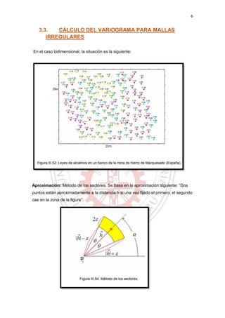 6
3.3. CÁLCULO DEL VARIOGRAMA PARA MALLAS
IRREGULARES
En el caso bidimensional, la situación es la siguiente:
Aproximación: Método de los sectores. Se basa en la aproximación siguiente: “Dos
puntos están aproximadamente a la distancia h si una vez fijado el primero, el segundo
cae en la zona de la figura”:
 