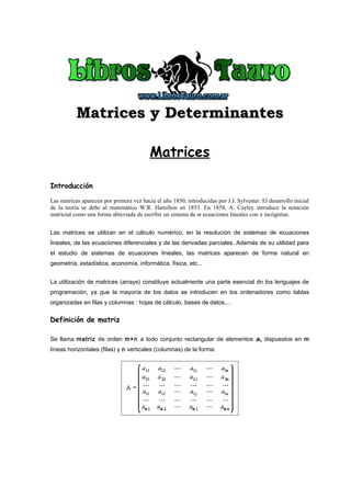 Matrices y DeterminantesMatrices y Determinantes
Matrices
Introducción
Las matrices aparecen por primera vez hacia el año 1850, introducidas por J.J. Sylvester. El desarrollo inicial
de la teoría se debe al matemático W.R. Hamilton en 1853. En 1858, A. Cayley introduce la notación
matricial como una forma abreviada de escribir un sistema de m ecuaciones lineales con n incógnitas.
Las matrices se utilizan en el cálculo numérico, en la resolución de sistemas de ecuaciones
lineales, de las ecuaciones diferenciales y de las derivadas parciales. Además de su utilidad para
el estudio de sistemas de ecuaciones lineales, las matrices aparecen de forma natural en
geometría, estadística, economía, informática, física, etc...
La utilización de matrices (arrays) constituye actualmente una parte esencial dn los lenguajes de
programación, ya que la mayoría de los datos se introducen en los ordenadores como tablas
organizadas en filas y columnas : hojas de cálculo, bases de datos,...
Definición de matriz
Se llama matriz de orden m×n a todo conjunto rectangular de elementos aij dispuestos en m
líneas horizontales (filas) y n verticales (columnas) de la forma:
 