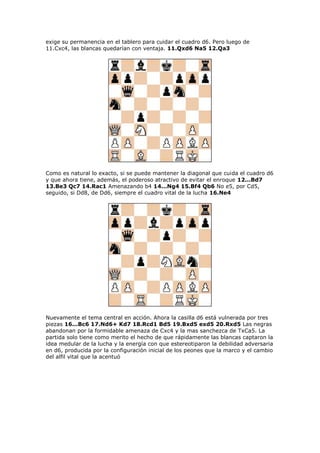 exige su permanencia en el tablero para cuidar el cuadro d6. Pero luego de
11.Cxc4, las blancas quedarían con ventaja. 11.Qxd6 Na5 12.Qa3
Como es natural lo exacto, si se puede mantener la diagonal que cuida el cuadro d6
y que ahora tiene, además, el poderoso atractivo de evitar el enroque 12...Bd7
13.Be3 Qc7 14.Rac1 Amenazando b4 14...Ng4 15.Bf4 Qb6 No e5, por Cd5,
seguido, si Dd8, de Dd6, siempre el cuadro vital de la lucha 16.Ne4
Nuevamente el tema central en acción. Ahora la casilla d6 está vulnerada por tres
piezas 16...Bc6 17.Nd6+ Kd7 18.Rcd1 Bd5 19.Bxd5 exd5 20.Rxd5 Las negras
abandonan por la formidable amenaza de Cxc4 y la mas sanchezca de TxCa5. La
partida solo tiene como merito el hecho de que rápidamente las blancas captaron la
idea medular de la lucha y la energía con que estereotiparon la debilidad adversaria
en d6, producida por la configuración inicial de los peones que la marco y el cambio
del alfil vital que la acentuó
 