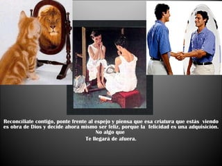 Reconcíliate contigo, ponte frente al espejo y piensa que esa criatura que estás  viendo es obra de Dios y decide ahora mismo ser feliz, porque la  felicidad es una adquisición. No algo que  Te llegará de afuera. 