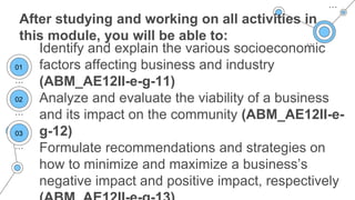 After studying and working on all activities in
this module, you will be able to:
Identify and explain the various socioeconomic
factors affecting business and industry
(ABM_AE12II-e-g-11)
Analyze and evaluate the viability of a business
and its impact on the community (ABM_AE12II-e-
g-12)
Formulate recommendations and strategies on
how to minimize and maximize a business’s
negative impact and positive impact, respectively
01
02
03
 