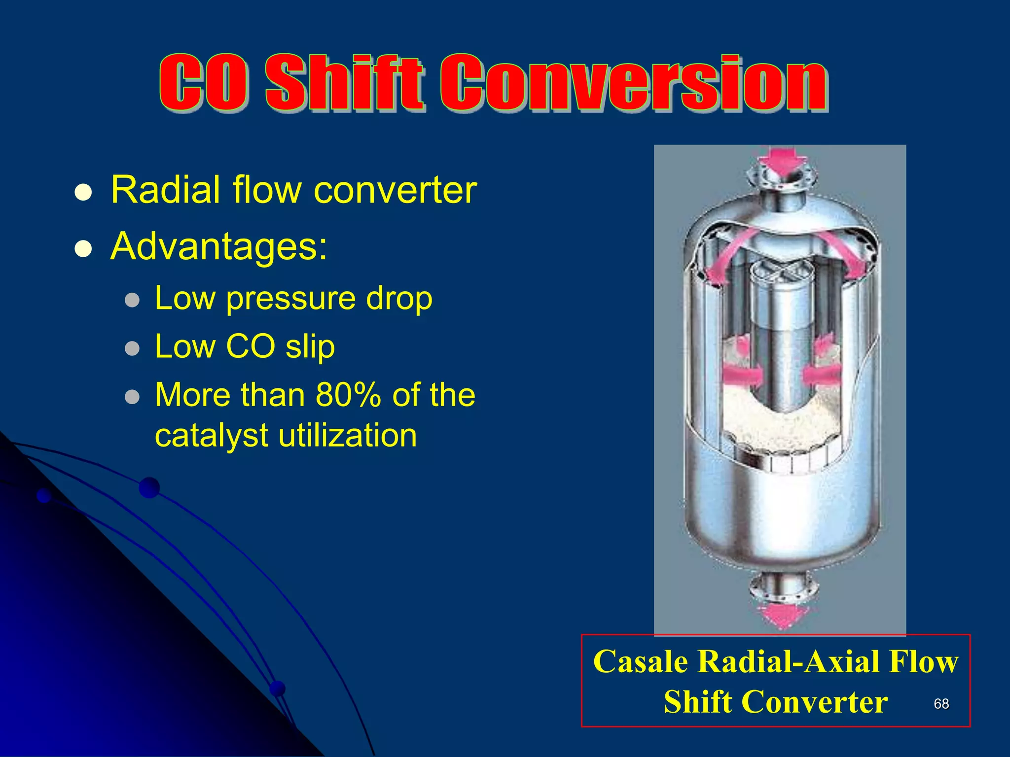 68
 Radial flow converter
 Advantages:
 Low pressure drop
 Low CO slip
 More than 80% of the
catalyst utilization
Casale Radial-Axial Flow
Shift Converter
 