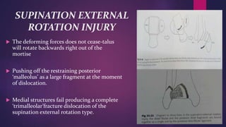 SUPINATION EXTERNAL
ROTATION INJURY
 The deforming forces does not cease-talus
will rotate backwards right out of the
mortise
 Pushing off the restraining posterior
‘malleolus’ as a large fragment at the moment
of dislocation.
 Medial structures fail producing a complete
‘trimalleolar’fracture dislocation of the
supination external rotation type.
 