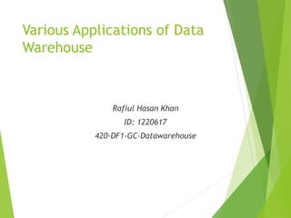 Various Applications of Data
Warehouse
Rafiul Hasan Khan
ID: 1220617
420-DF1-GC-Datawarehouse
 