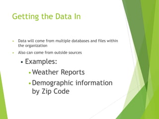 Getting the Data In
• Data will come from multiple databases and files within
the organization
• Also can come from outside sources
• Examples:
•Weather Reports
•Demographic information
by Zip Code
 