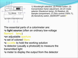 1) Wavelength selection, (2) Printer button, (3) 
Concentration factor adjustment, (4) UV mode 
selector (Deuterium lamp), (5) Readout, (6) 
Sample compartment, (7) Zero control (100% T), 
(8) Sensitivity switch, (9)ON/OFF switch[2]
The essential parts of a colorimeter are:
•a light source (often an ordinary low-voltage 
filament    lamp)
•an adjustable aperture
•a set of colored filters
•a cuvette to hold the working solution
•a detector (usually a photocell) to measure the 
transmitted light
•a meter to display the output from the detector
 