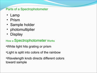 Parts of a Spectrophotometer
• Lamp
• Prism
• Sample holder
• photomultiplier
• Display
How a Spectrophotometer Works
•White light hits grating or prism
•Light is split into colors of the rainbow
•Wavelength knob directs different colors   
toward sample
 