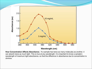 How Concentration Affects Absorbance. If a sample has twice as many molecules as another, it
can absorb twice as much light. This is true at any wavelength. It is important to know a sample’s
wavelength of maximum light absorbance, so that the difference in absorbance due to concentration is
obvious.
 