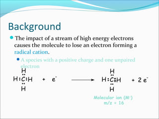 Background
The impact of a stream of high energy electrons
causes the molecule to lose an electron forming a
radical cation.
A species with a positive charge and one unpaired
electron
+ e
-
C H
H
H
H H
H
H
HC + 2 e
-
Molecular ion (M+
)
m/z = 16
 