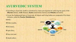 AYURVEDIC SYSTEM
According to Ayurveda, health is considered as a basic pre-requisite for achieving the goals of life -
Dharma (duties), Arth (finance), Kama (materialistic desires) and Moksha (salvation).
As per the fundamental basis of Ayurveda, all objects and living bodies are composed of five basic
elements, called the Pancha Mahabhootas,
namely:
Prithvi (earth),
Jal (water),
Agni (fire),
Vayu (air) and
Akash (ether).
 