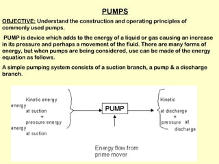 PUMPS
OBJECTIVE: Understand the construction and operating principles of
commonly used pumps.
 PUMP is device which adds to the energy of a liquid or gas causing an increase
in its pressure and perhaps a movement of the fluid. There are many forms of
energy, but when pumps are being considered, use can be made of the energy
equation as follows.
A simple pumping system consists of a suction branch, a pump & a discharge
branch.
 