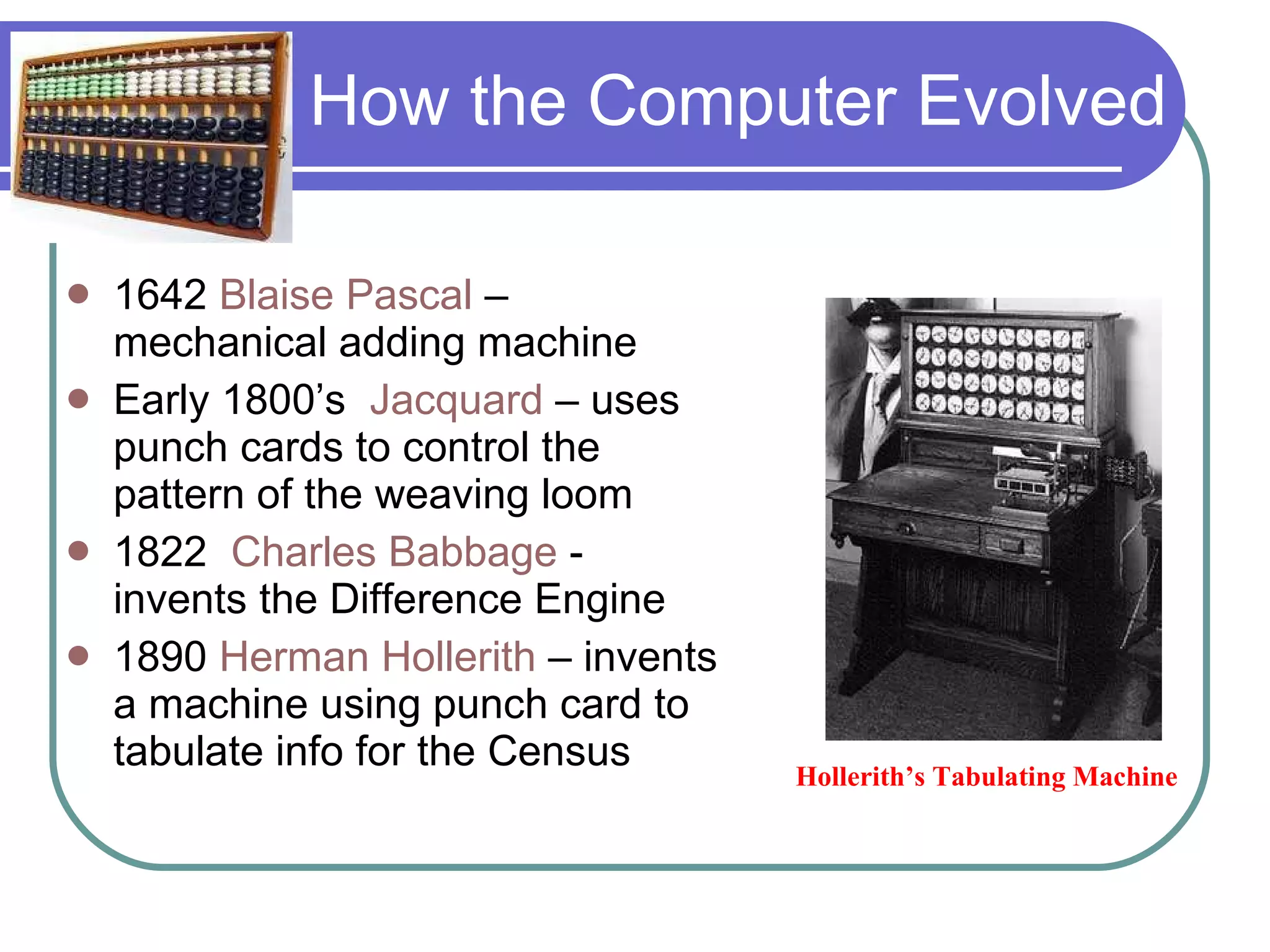 How the Computer Evolved 1642  Blaise Pascal  – mechanical adding machine Early 1800’s  Jacquard  – uses punch cards to control the pattern of the weaving loom 1822  Charles Babbage  - invents the Difference Engine 1890  Herman Hollerith  – invents a machine using punch card to tabulate info for the Census Hollerith’s Tabulating Machine 