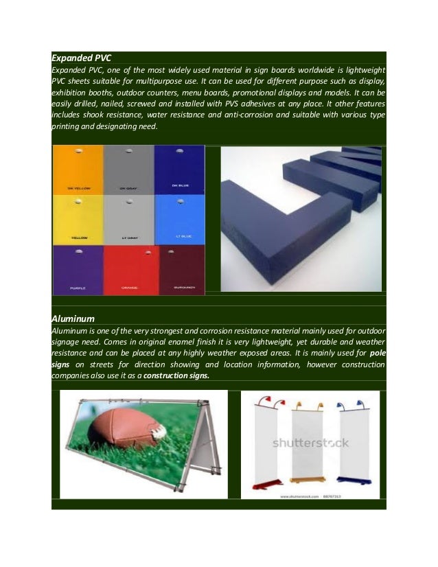 Various types of materials used in signage
