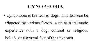 CYNOPHOBIA
• Cynophobia is the fear of dogs. This fear can be
triggered by various factors, such as a traumatic
experience with a dog, cultural or religious
beliefs, or a general fear of the unknown.
 