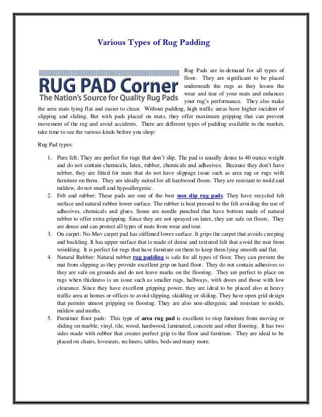 Various types of rug padding