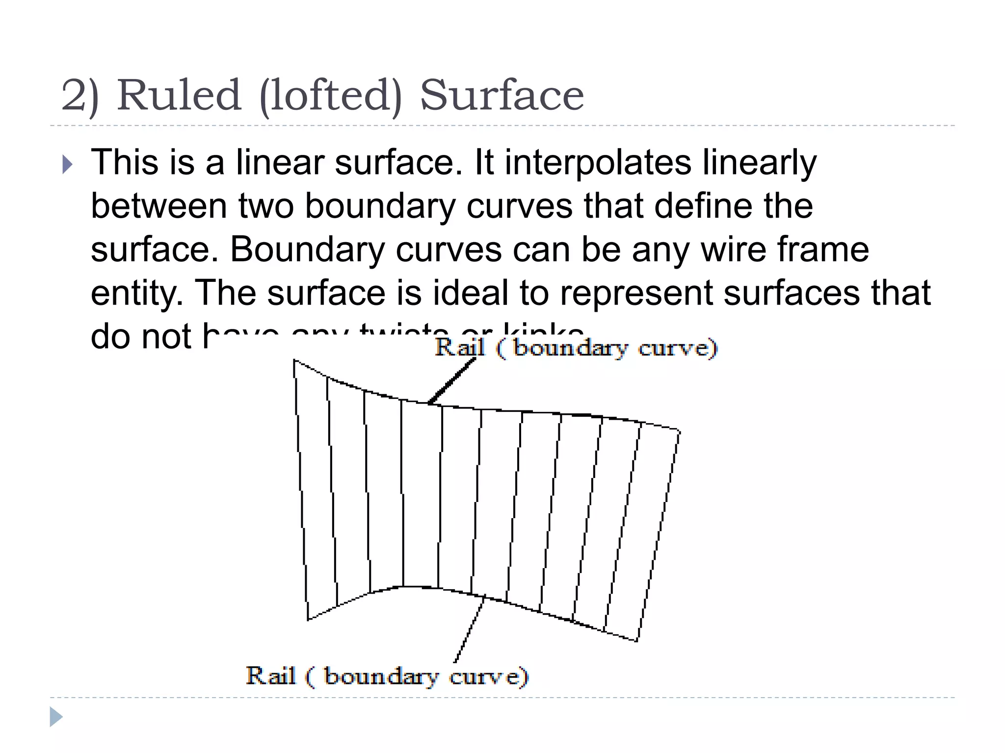 2) Ruled (lofted) Surface
 This is a linear surface. It interpolates linearly
between two boundary curves that define the
surface. Boundary curves can be any wire frame
entity. The surface is ideal to represent surfaces that
do not have any twists or kinks.
 