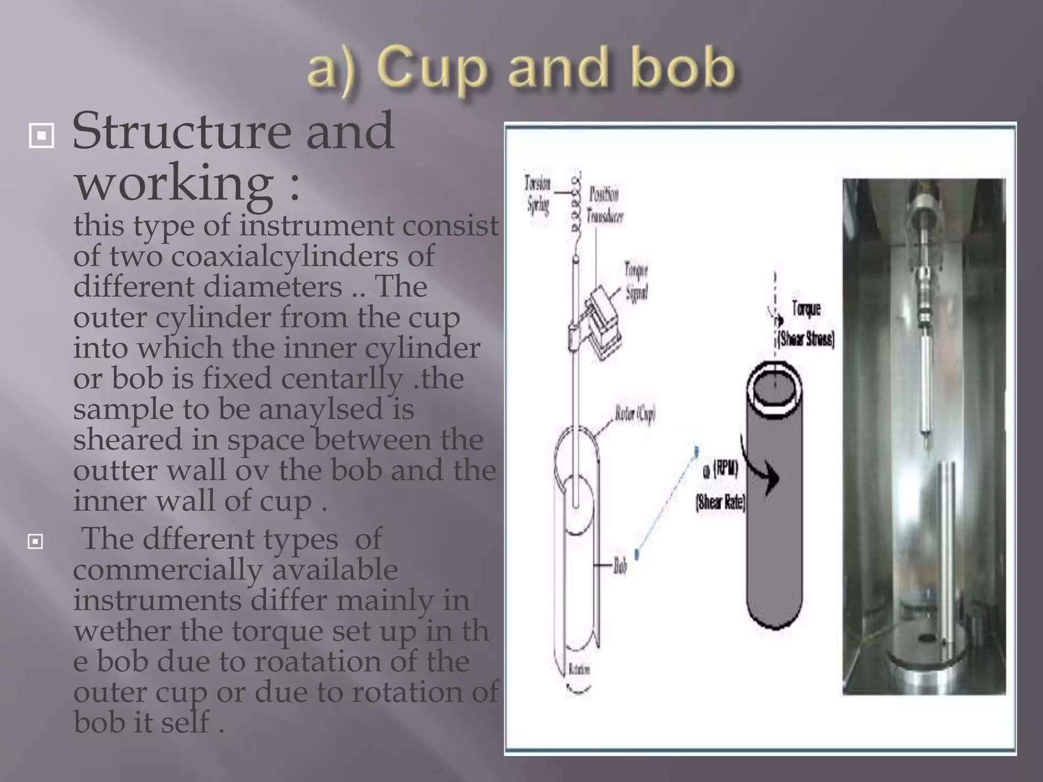  Structure and
working :
this type of instrument consist
of two coaxialcylinders of
different diameters .. The
outer cylinder from the cup
into which the inner cylinder
or bob is fixed centarlly .the
sample to be anaylsed is
sheared in space between the
outter wall ov the bob and the
inner wall of cup .
 The dfferent types of
commercially available
instruments differ mainly in
wether the torque set up in th
e bob due to roatation of the
outer cup or due to rotation of
bob it self .
 