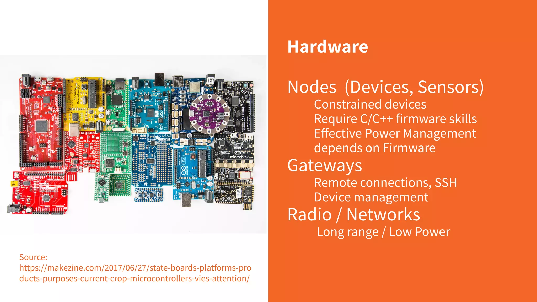 Hardware
Nodes (Devices, Sensors)
Constrained devices
Require C/C++ firmware skills
Eﬀective Power Management
depends on Firmware
Gateways
Remote connections, SSH
Device management
Radio / Networks
Long range / Low Power
Source:
https://makezine.com/2017/06/27/state-boards-platforms-pro
ducts-purposes-current-crop-microcontrollers-vies-attention/
 