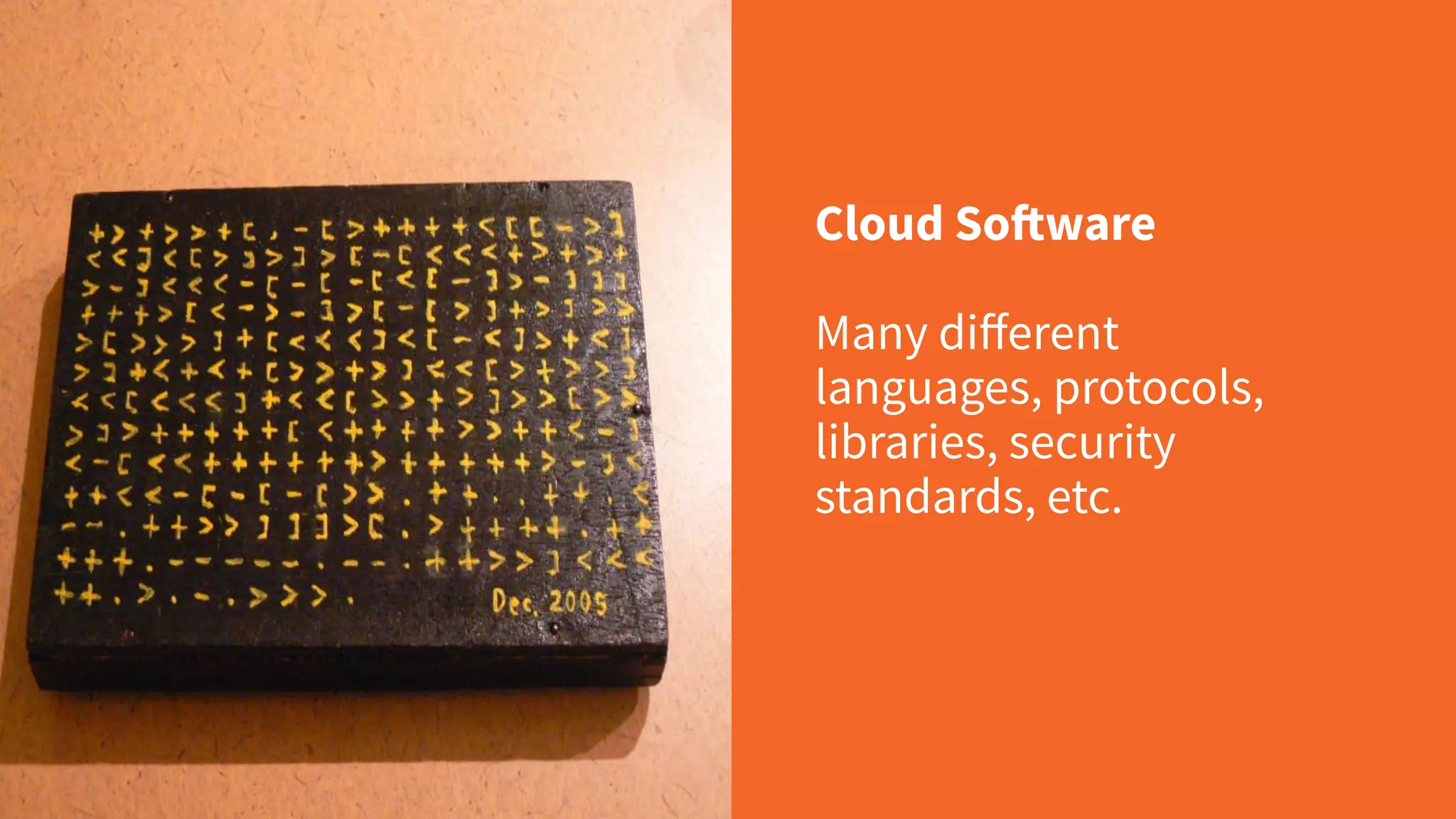 Cloud Software
Many diﬀerent
languages, protocols,
libraries, security
standards, etc.
 