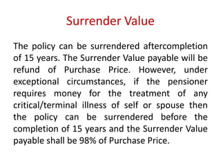 Surrender Value 
The policy can be surrendered aftercompletion 
of 15 years. The Surrender Value payable will be 
refund of Purchase Price. However, under 
exceptional circumstances, if the pensioner 
requires money for the treatment of any 
critical/terminal illness of self or spouse then 
the policy can be surrendered before the 
completion of 15 years and the Surrender Value 
payable shall be 98% of Purchase Price. 
 