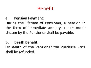 Benefit 
a. Pension Payment: 
During the lifetime of Pensioner, a pension in 
the form of immediate annuity as per mode 
chosen by the Pensioner shall be payable. 
b. Death Benefit: 
On death of the Pensioner the Purchase Price 
shall be refunded. 
 