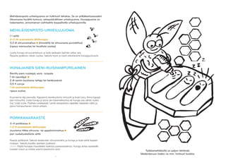 6
Mehiläisenpisto-urheilujuoma on tutkitusti tehokas. Se on pitkäkestoisessakin
liikunnassa hyvältä tuntuva, vatsaystävällinen urheilujuoma. Hunajajuoma on
lisäaineeton, erinomainen vaihtoehto kaupallisille urheilujuomille. 	
MEHILÄISENPISTO-URHEILUJUOMA
1 l vettä
2–3 rkl suomalaista lähihunajaa
0,3 dl sitruunamehua (tiivistettä tai sitruunasta puristettua)
(ripaus merisuolaa tai tavallista suolaa)
Liuota hunaja sitruunamehuun ja lisää seokseen kylmän raikas vesi.
Ripauta joukkoon vähän suolaa. Sekoita hyvin ja nauti virkistävästä hunajajuomasta.
PORKKANARAASTE
3–4 porkkanaa
1–2 tl suomalaista lähihunajaa
muutama tilkka sitruuna- tai appelsiinimehua
pari ruokalusikallista vettä
Raasta porkkanat. Sekoita keskenään sitruunamehu ja hunaja ja lisää vettä tarpeen
mukaan. Sekoita kastike raasteen joukkoon.
Vinkki! Käytä hunajaa mausteeksi kaikissa juuresraasteissa. Hunaja antaa raasteelle
tuoreen maun ja nostaa aromit paremmin esiin.
HUNAJAINEN SIENI-RUISHAMPURILAINEN
Revitty pieni ruisleipä, esim. ruispala
1 rkl rypsiöljyä
2 dl sentin kuutioina tatteja tai herkkusieniä
0,5 tl currya
1 rkl suomalaista lähihunajaa
ripaus suolaa
Kuumenna öljy pannulla. Kypsennä sienikuutioita minuutti ja lisää curry. Anna kypsyä
pari minuuttia. Lisää hunaja ja anna sen karamellisoitua eli hunaja saa vähän ruskis-
tua. Lisää suola. Paahda ruisleipäset. Levitä sienipaistos rapeiden leipästen väliin ja
paina hampurilainen tiiviisti yhteen.
Työläismehiläisillä on paljon tehtävää.
Medenkeruun lisäksi ne mm. hoitavat toukkia.
 