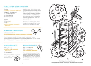 8
KUHNURIN OMENASOSE
kotimaisia omenoita
yksi kolmasosa omenien määrästä suomalaista lähihunajaa
Poista omenista siemenkodat. Kiehauta, mutta älä keitä pitkään. Soseuta.
Sekoita soseeseen hunaja. Kiteytynyt hunaja sekoittuu helpommin, kun sose on vielä
lämmintä. Pakasta omena-hunajasose pieniin rasioihin.
3 munaa
1 dl (140 g) suomalaista lähihunajaa
100 g voita tai margariinia
1,5 dl vettä (tai kermaa)
4,5 dl vehnäjauhoja
2,5 tl leivinjauhetta
Pinnalle:
3–4 omenaa
kanelia
noin 2 rkl juoksevaa suomalaista
lähihunajaa
Vaahdota munat. Sulata kattilassa rasva
ja sekoita yhteen hunajan ja veden kanssa.
Sekoita seos haaleana munavaahtoon.
Sekoita joukkoon vehnäjauho-leivinjauhe-
seos. Kaada taikina uunipellille leivinpa-
perin päälle. Lado päälle omenaviipaleet
ja ripottele pinnalle kanelia. Paista 200
asteessa n. 20 min.
Valuta kuuman piirakan päälle juoksevaa
hunajaa. Kun hunaja kuivahtaa, se muo-
dostaa piirakan pinnalle kauniin kiillon.
HUNAJAINEN OMENAPIIRAKKA
HUNAJAVAAHTO
2 dl vispikermaa
0,3 dl (30–40 g) suomalaista
lähihunajaa
2 tl vaniljasokeria
Vatkaa kerma vaahdoksi. Sekoita vaah-
toon hunaja ja vaniljasokeri. Tarjoile
jälkiruokien kanssa.
MARJAJÄÄPUIKOT
250 g mansikoita
200 g mustikoita
3 rkl suomalaista lähihunajaa
Pane kaikki ainekset tehosekoittimeen
ja sekoita tasaiseksi. Marjoista osan voi
korvata mehulla. Kaada seos mehujää-
muotteihin ja pane muotit pakastimeen.
Hunajaiset jääpuikot ovat valmiita seuraa-
vana päivänä.
Mehiläispesä koostuu laatikoista.
Hunajasadon kertymisen myötä myös laatikkojen määrää lisätään.
 