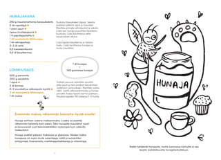 14
HUNAJAKANA
250 g maustamattomia kanasuikaleita
2 rkl rypsiöljyä
1 pieni sipuli
ripaus mustapippuria
1 tl paprikajauhetta
1 rkl suomalaista lähihunajaa
1 rkl vehnäjauhoja
2–3 dl vettä
0,5 kanaliemikuutio
0,5 dl kevytkermaa
LOHIKIUSAUS
500 g perunoita
200 g savulohta
1 sipuli
2 dl kermaa
2–3 murskattua valkosipulin kynttä
3 rkl suomalaista lähihunajaa
1 rkl suolaa
Suikaloi perunat, paloittele savulohi,
pilko sipuli ja laita ainekset kerroksittain
voideltuun uunivuokaan. Ripottele suolaa
väliin. Levitä valkosipulimurska ja hunaja
pinnalle. Kaada lopuksi kerma joukkoon.
Hauduta kypsäksi 150 asteessa 1–1,5 tuntia.
Ruskista lihasuikaleet öljyssä. Sekoita
joukkoon pilkottu sipuli ja mausteet.
Ripottele pinnalle vehnäjauhot ja sekoita.
Lisää vesi, hunaja ja puolikas kanaliemi-
kuutiosta. Lisää tarvittaessa vettä
haudutuksen aikana.
Lisää lopuksi kevytkerma ja tarkista
maku. Lisää tarvittaessa hunajaa ja
muita mausteita.
1 dl hunajaa
=
140 grammaa hunajaa
Enemmän makua, vähemmän kaloreita: hyvää sinulle!
Hunaja aistitaan sokeria makeammaksi. Lisäksi se sisältää
vähemmän kaloreita kuin sokeri. Siksi hunajalla maustetut ruuat
ja leivonnaiset ovat kalorimäärältään niukempia kuin sokerilla
makeutetut.
Hunaja sisältää pääosin fruktoosia ja glukoosia. Näiden lisäksi
hunajassa on myös muita sokerilajeja, vettä ja esimerkiksi
entsyymejä, hivenaineita, maitohappobakteereja ja vitamiineja.
Nallet tykkäävät hunajasta, mutta luonnossa karhuille ei saa
tarjota mahdollisuutta hunajaherkutteluun.
 