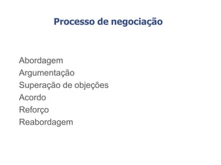 Processo de negociação
Abordagem
Argumentação
Superação de objeções
Acordo
Reforço
Reabordagem
 