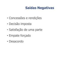 Saídas Negativas
• Concessões e rendições
• Decisão imposta
• Satisfação de uma parte
• Empate forçado
• Desacordo
 