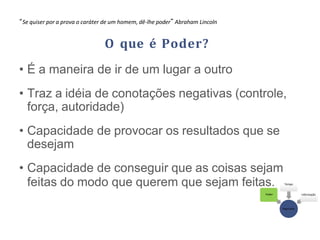 O que é Poder?
• É a maneira de ir de um lugar a outro
• Traz a idéia de conotações negativas (controle,
força, autoridade)
• Capacidade de provocar os resultados que se
desejam
• Capacidade de conseguir que as coisas sejam
Negociação
feitas do modo que querem que sejam feitas.
Poder
Tempo
Informação
“Se quiser por a prova o caráter de um homem, dê-lhe poder” Abraham Lincoln
 