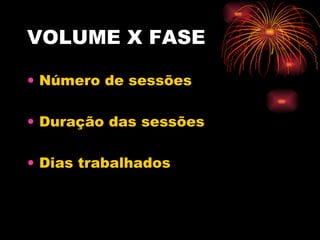 VOLUME X FASE Número de sessões Duração das sessões Dias trabalhados 