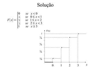 Solução
          0     se   x<0
           18
                se   0 ≤ x <1
F ( x ) = 4 8   se   1≤ x < 2
          7 8   se   2≤ x<3
          1
                se   x≥3
                                 F(x)
                             1
                            ⅞

                            ⅝

                            ⅜

                            ⅛

                                        0   1   2   3   x
 