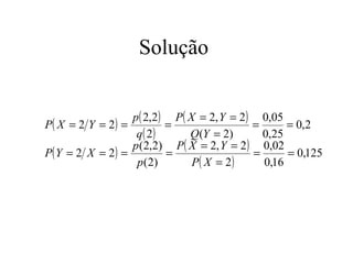 Solução


                  p( 2,2) P( X = 2, Y = 2) 0,05
P( X = 2 Y = 2) =         =                 =      = 0,2
                   q( 2)      Q(Y = 2)        0,25
                  p (2,2) P ( X = 2, Y = 2 ) 0,02
P( Y = 2 X = 2) =         =                 =      = 0,125
                   p ( 2)     P( X = 2)       0,16
 