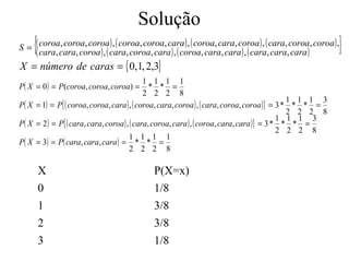 Solução
    {
S = ( coroa, coroa, coroa ) , ( coroa, coroa, cara ) , ( coroa, cara, coroa ) , ( cara, coroa, coroa ) ,
    ( cara, cara, coroa ) , ( cara, coroa, cara ) , ( coroa, cara, cara ) , ( cara, cara, cara )        }
X = número de caras = { 0,1, 2,3}
                                             1 1 1 1
P( X = 0 ) = P(coroa, coroa, coroa) =          * * =
                                             2 2 2 8
                                                                                              1 1 1 3
P( X = 1) = P{ ( coroa, coroa, cara ) , ( coroa, cara, coroa ) , ( cara, coroa, coroa )} = 3 * * * =
                                                                                              2 2 2 8
                                                                                            1 1 1 3
P( X = 2 ) = P{ ( cara, cara, coroa ) , ( cara, coroa, cara ) , ( coroa, cara, cara )} = 3 * * * =
                                                                                            2 2 2 8
                                       1 1 1 1
P( X = 3) = P( cara, cara, cara ) = * * =
                                        2 2 2 8

        X                                   P(X=x)
        0                                   1/8
        1                                   3/8
        2                                   3/8
        3                                   1/8
 