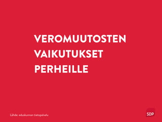 VEROMUUTOSTEN
VAIKUTUKSET
PERHEILLE
Lähde: eduskunnan tietopalvelu
 
