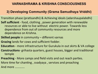 VARNASHRAMA & KRISHNA CONSCIOUSNESS
3) Developing Community (Grama Samudhaya Vriddhi)
	
  
Transi=on	
  phase	
  (pra=sandhi)	
  &	
  Achieving	
  ideals	
  (adarshaupalabdhi)	
  
Self	
  suﬃcient	
  -­‐	
  food,	
  clothing	
  ,	
  power	
  genera=on	
  with	
  renewable	
  
resources	
  or	
  able	
  to	
  live	
  without	
  	
  electric	
  power.	
  Towards	
  less	
  
dependence	
  from	
  out	
  of	
  community	
  resources	
  and	
  more	
  
dependence	
  on	
  Krishna.	
  
Skilled	
  people	
  in	
  community	
  –	
  diﬀerent	
  varnas	
  
Grazing	
  lands	
  for	
  cows	
  and	
  suﬃcient	
  fodder.	
  
EducaFon	
  -­‐	
  more	
  infrastructure	
  for	
  Gurukula	
  in	
  out	
  skirts	
  &	
  VA	
  college	
  
ConstrucFons-­‐	
  grihasta	
  quarters,	
  guest	
  houses,	
  bigger	
  and	
  tradi=onal	
  
temple	
  	
  
Preaching	
  -­‐	
  More	
  camps	
  and	
  ﬁeld	
  visits	
  and	
  out	
  reach	
  par=es.	
  
More	
  =me	
  for	
  chan=ng	
  ,	
  svadyaya	
  ,	
  services	
  and	
  preaching	
  
And	
  more	
  ………….	
  	
  
	
  
 