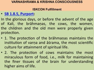 VARNASHRAMA & KRISHNA CONSCIOUSNESS
ISKCON Fulfillment
	
  
•  SB	
  1.8.5,	
  Purport:	
  	
  
In	
  the	
  glorious	
  days,	
  or	
  before	
  the	
  advent	
  of	
  the	
  age	
  
of	
   Kali,	
   the	
   brāhmaṇas,	
   the	
   cows,	
   the	
   women,	
  
the	
   children	
   and	
   the	
   old	
   men	
   were	
   properly	
   given	
  
protec=on.	
  
•  1.	
  The	
  protec=on	
  of	
  the	
  brāhmaṇas	
  maintains	
  the	
  
ins=tu=on	
  of	
  varṇa	
  and	
  āśrama,	
  the	
  most	
  scien=ﬁc	
  
culture	
  for	
  aLainment	
  of	
  spiritual	
  life.	
  
•  2.	
   The	
   protec=on	
   of	
   cows	
   maintains	
   the	
   most	
  
miraculous	
  form	
  of	
  food,	
  i.e.,	
  milk	
  for	
  maintaining	
  
the	
   ﬁner	
   =ssues	
   of	
   the	
   brain	
   for	
   understanding	
  
higher	
  aims	
  of	
  life.	
  
 