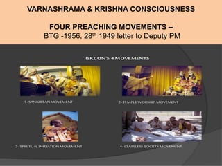 VARNASHRAMA & KRISHNA CONSCIOUSNESS
FOUR PREACHING MOVEMENTS –
BTG -1956, 28th 1949 letter to Deputy PM
	
  
 