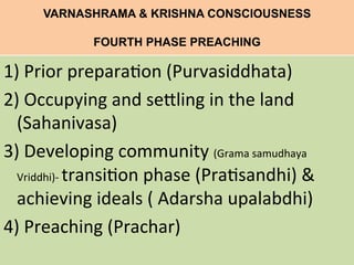 VARNASHRAMA & KRISHNA CONSCIOUSNESS
FOURTH PHASE PREACHING
	
  
1)	
  Prior	
  prepara=on	
  (Purvasiddhata)	
  
2)	
  Occupying	
  and	
  seLling	
  in	
  the	
  land	
  
(Sahanivasa)	
  
3)	
  Developing	
  community	
  (Grama	
  samudhaya	
  
Vriddhi)-­‐	
  transi=on	
  phase	
  (Pra=sandhi)	
  &	
  
achieving	
  ideals	
  (	
  Adarsha	
  upalabdhi)	
  
4)	
  Preaching	
  (Prachar)	
  
 