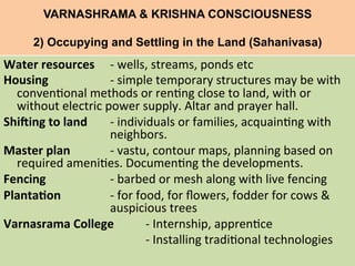 VARNASHRAMA & KRISHNA CONSCIOUSNESS
2) Occupying and Settling in the Land (Sahanivasa)	
  
Water	
  resources 	
  -­‐	
  wells,	
  streams,	
  ponds	
  etc	
  
Housing 	
   	
  -­‐	
  simple	
  temporary	
  structures	
  may	
  be	
  with	
  
conven=onal	
  methods	
  or	
  ren=ng	
  close	
  to	
  land,	
  with	
  or	
  
without	
  electric	
  power	
  supply.	
  Altar	
  and	
  prayer	
  hall.	
  
ShiZing	
  to	
  land 	
  -­‐	
  individuals	
  or	
  families,	
  acquain=ng	
  with	
  
	
   	
   	
  neighbors.	
  
Master	
  plan	
   	
  -­‐	
  vastu,	
  contour	
  maps,	
  planning	
  based	
  on	
  
required	
  ameni=es.	
  Documen=ng	
  the	
  developments.	
  
Fencing	
   	
   	
  -­‐	
  barbed	
  or	
  mesh	
  along	
  with	
  live	
  fencing	
  
PlantaFon 	
   	
  -­‐	
  for	
  food,	
  for	
  ﬂowers,	
  fodder	
  for	
  cows	
  &	
  
	
   	
   	
  auspicious	
  trees	
  
Varnasrama	
  College 	
  -­‐	
  Internship,	
  appren=ce	
  
	
   	
   	
   	
   	
  -­‐	
  Installing	
  tradi=onal	
  technologies	
  
	
  
 