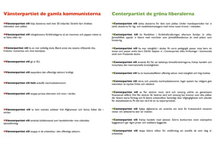 Vänsterpartiet de gamla kommunisterna                                                   Centerpartiet de gröna liberalerna
 Vänsterpartiet vill höja skatterna med över 50 miljarder. Särskilt hårt drabbas          Centerpartiet vill sänka skatterna för dem som jobbar. Under mandatperioden har vi
människor som jobbar.                                                                   sänkt skatterna för låg- och medelinkomsttagare med minst tusen kronor i månaden.


  Vänsterpartiet vill tvångskvotera föräldradagarna så att mamman och pappan måste ta     Centerpartiet vill ha ﬂexibilitet i föräldraförsäkringen eftersom familjer är olika.
ut halva tiden var.                                                                     Jämställdhet uppnår vi bättre med morötter som jämställdhetsbonus än med piskor som
                                                                                        kvotering.

  Västerpartiet vill ha en mer enfaldig skola. Bland annat ska statens inﬂytande öka,     Centerpartiet vill ha mer mångfald i skolan. En sorts pedagogik passar vissa barn, en
friskolor motverkas och vinst bannlysas.                                                annan sort passar andra barn. Därför bejakar vi i Centerpartiet olika inriktningar i kommunala
                                                                                        såväl som fristående skolor.

 Vänsterpartiet vill gå ur EU.                                                           Centerpartiet vill använda EU för att bekämpa klimatförändringarna, främja handeln och
                                                                                        motarbeta den internationella brottsligheten.

 Vänsterpartiet vill expandera den offentliga sektorn kraftigt.                          Centerpartiet vill ha en kostnadseffektiv offentlig sektor med mångfald och hög kvalitet.


                                                                                         Centerpartiet vill värna och utveckla marknadsekonomin. Inget system har tidigare gett
 Vänsterpartiet vill helt avskaffa marknadsekonomin.                                    människor så mycket frihet och välstånd.


                                                                                          Centerpartiet vill se ﬂer aktörer inom vård och omsorg utifrån en gemensamt
 Vänsterpartiet vill stoppa privata alternativ och vinst i vården.
                                                                                        ﬁnansierad välfärd. Om ﬂer aktörer får bedriva vård och omsorg kan kvinnor som ofta jobbar
                                                                                        där lättare starta företag och få bättre arbetsvillkor. Samtidigt ökar tillgängligheten och utbudet
                                                                                        för skattebetalarna. På sikt kan vård bli en ny exportprodukt.


  Vänsterpartiet vill ta hem svenska soldater från Afghanistan och lämna folket där i     Centerpartiet vill hjälpa afghanerna att utveckla sitt land. En fruktansvärd situation
sticket.                                                                                väntar om talibanerna åter tar makten.


  Vänsterpartiet vill använda kollektivavtal som handelshinder mot utländska              Centerpartiet vill främja handeln med tjänster. Större konkurrens inom exempelvis
tjänsteföretag.                                                                         byggsektorn ger lägre priser och snabbare byggande.


 Vänsterpartiet vill stoppa in de arbetslösa i den offentliga sektorn.                    Centerpartiet vill skapa bättre villkor för småföretag att anställa de som idag är
                                                                                        arbetslösa.
 