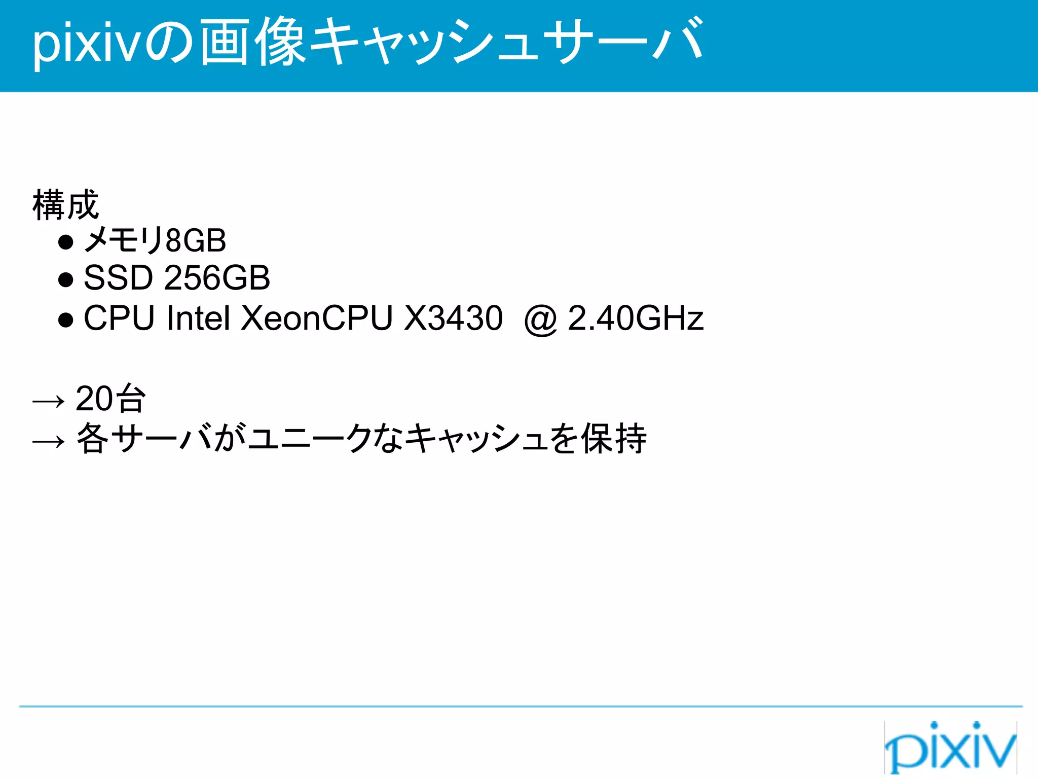 pixivの画像キャッシュサーバ

構成
 ● メモリ8GB
 ● SSD 256GB
 ● CPU Intel XeonCPU X3430 @ 2.40GHz

→ 20台
→ 各サーバがユニークなキャッシュを保持
 